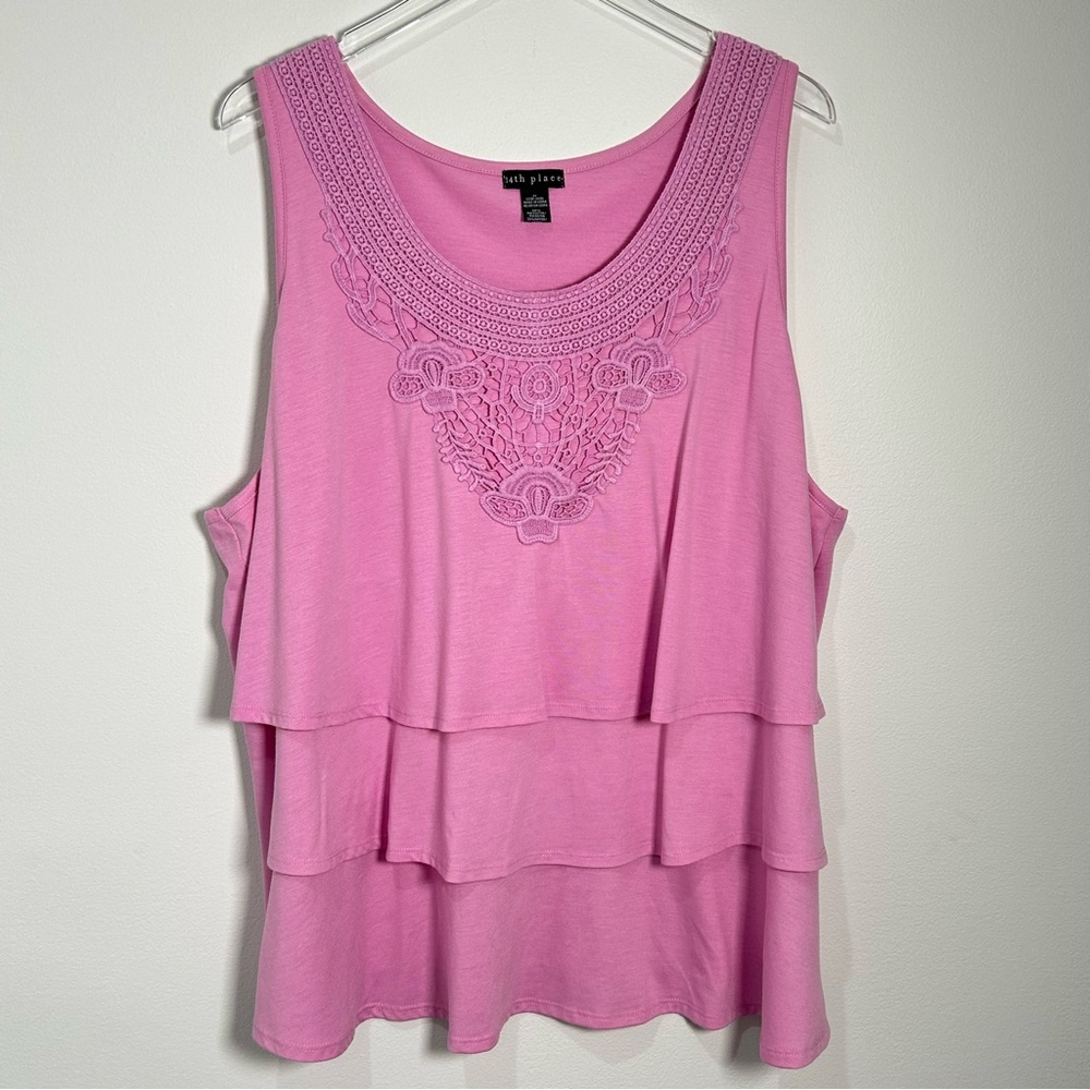 14th Place Lace Appliqué Pink Tank Top Tiered Ruffle NWOT